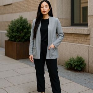 Anne Klein Silver Metallic Gray Open Front Cardigan Sweater Women's Size Medium